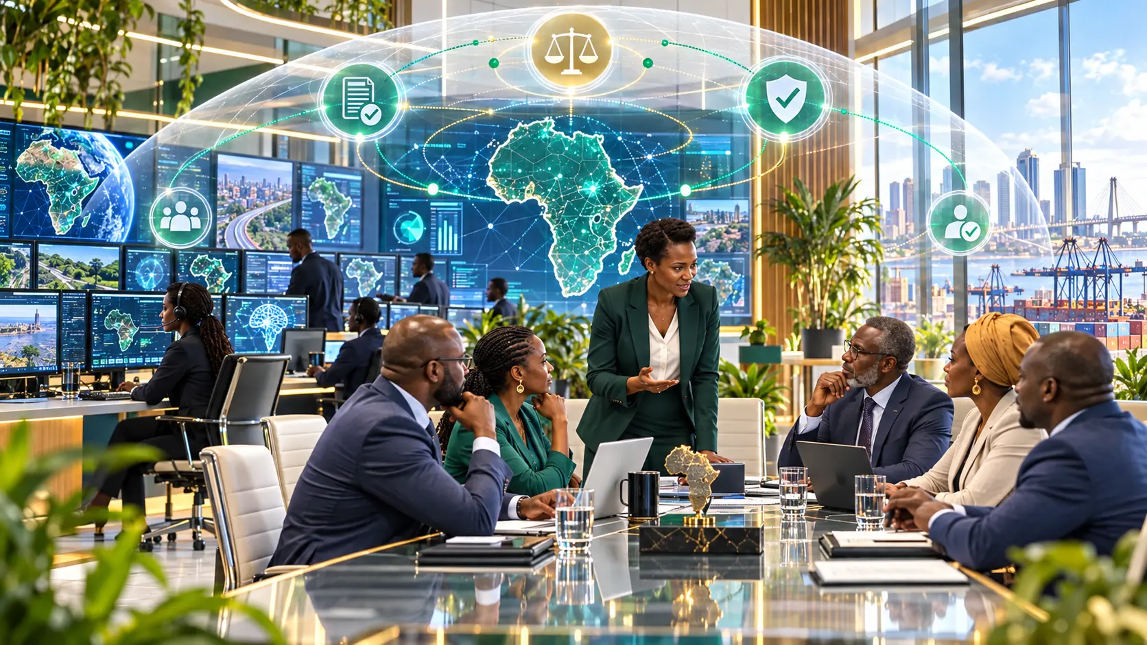 African corporate leaders and security teams coordinating responsible AI beneath a White Team governance layer