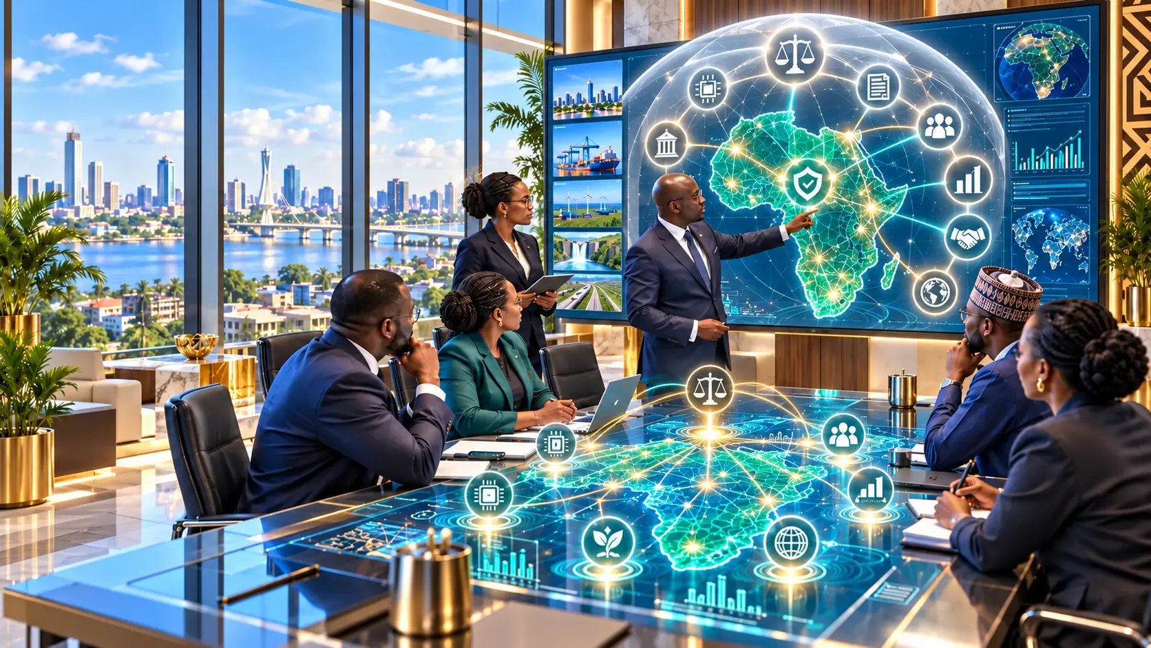 Bright African sovereign-security scenario room with an overarching White Team governance lattice