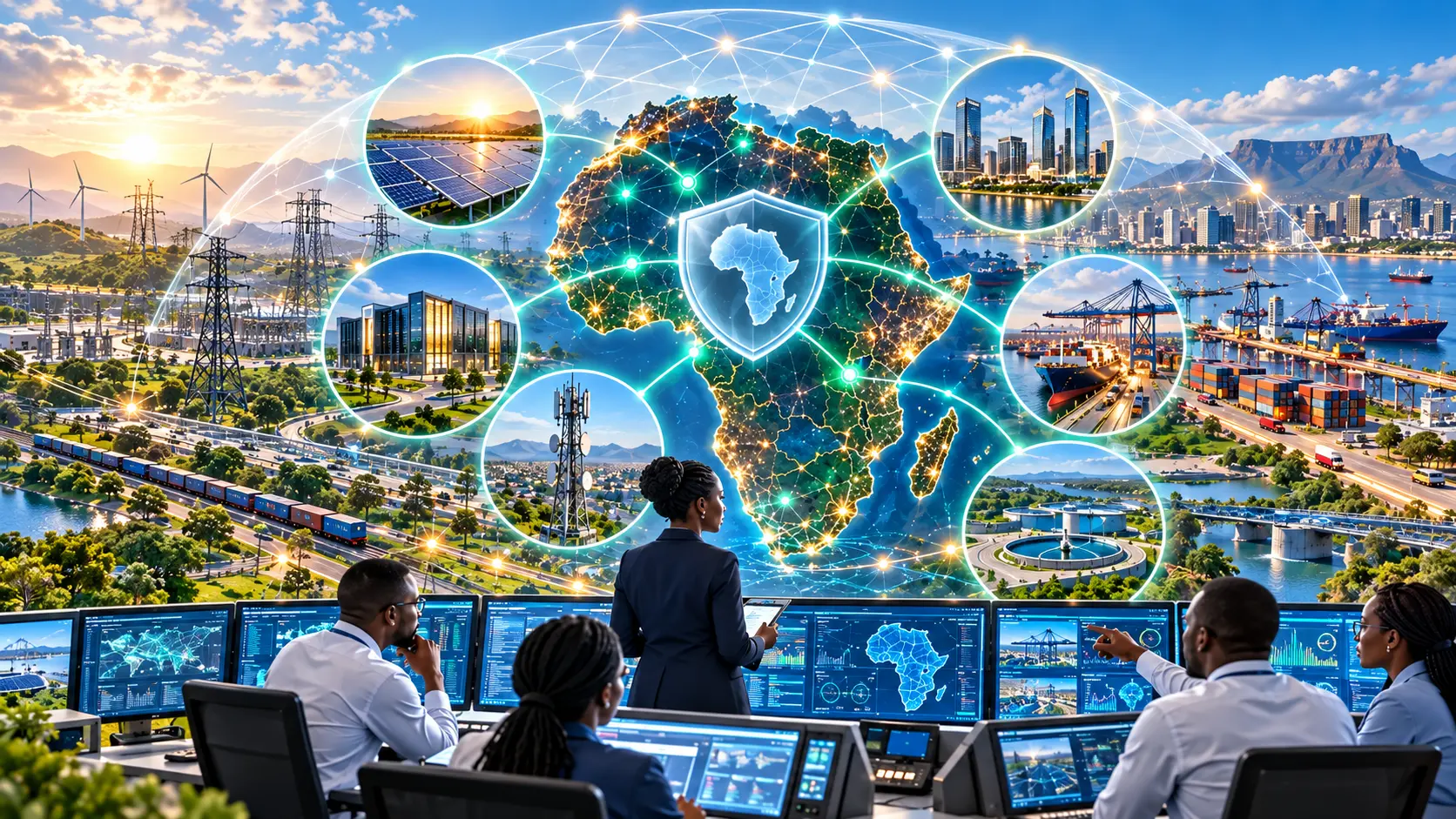 African critical infrastructure connected beneath a bright White Team governance and resilience layer